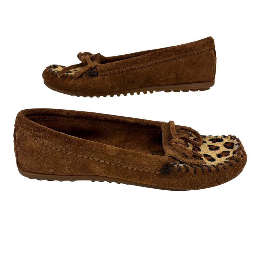 Minnetonka Moccasin Loafer Womens Size 8 Brown Leather Leopard Calf Hair Slip On